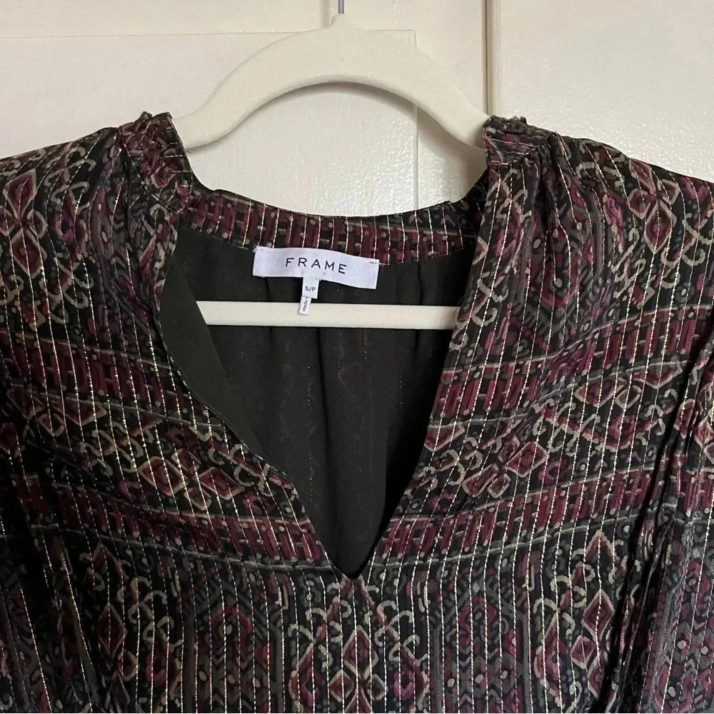 Frame Paisley Metallic‎ Silk Long Sleeve Mini Dress Size Small